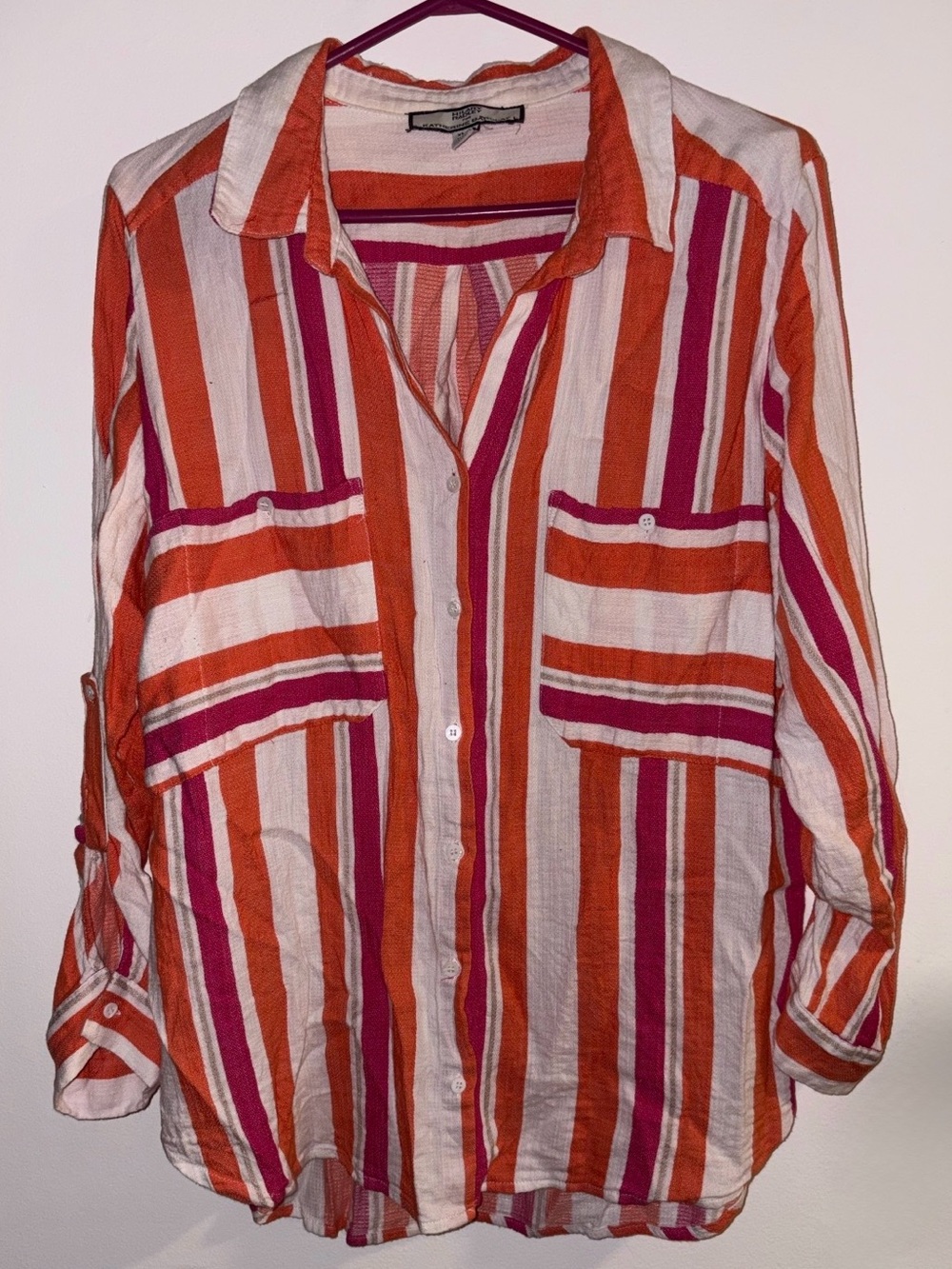 Hilary Radley Orange, White & Pink Striped Button-Down Shirt